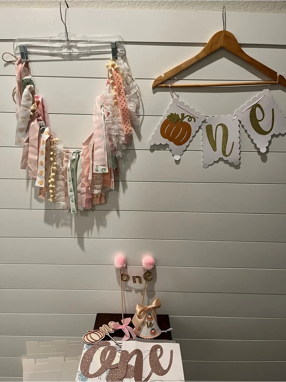 One First Birthday Party (Pumpkin Theme) Banner and Décor Set - Pink and Gold